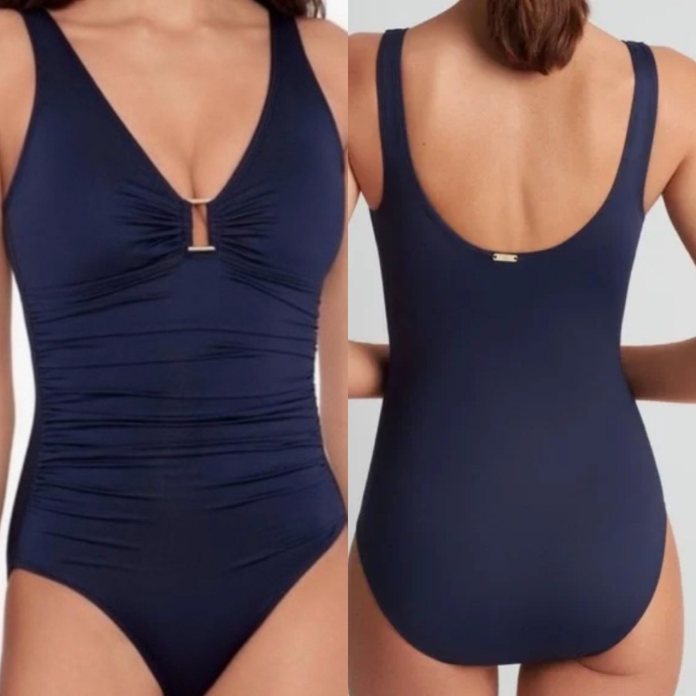New $145 Lauren Ralph Lauren 4 Ring-Front Underwired One Piece Swimsuit Navy